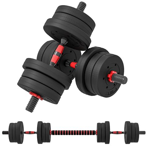 HOMCOM Kit Haltères Musculation 2-en-1, Lot de 2, 20 kg, poids réglable - Barres incluses - entraînement Musculaire & haltérophilie - HDPE Noir Rouge