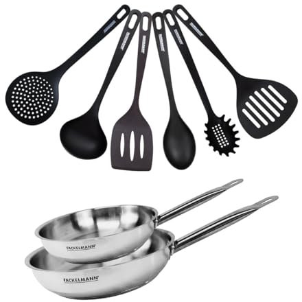 Fackelmann 9438650 Set de Poêles Tous Feux 24 et 28 cm en Acier Inox 18/8 avec 6 Ustensiles Eterna - Sans PFAS, Manche Riveté, Compatible Induction
