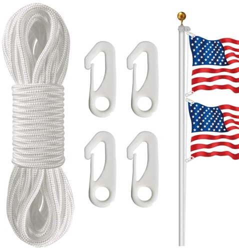 smrtcol Fahnenmast-Seil-Set, 1/4 Zoll x 66 Ft Durable Nylon Halyard mit 4 Kunststoff-Clips - Leise, Wetterfest für 33 Ft Fahnenmasten, doppelseitige Flaggen, Camping & Outdoor