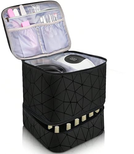 WDEC Double Layer Nail Polish Organiser, Black Diamond Grid, Nail Polish Carrying Case, Organiser Makeup Bag, Double Layer Travel Bag Storage Bags for 30 Bottles Lipstick