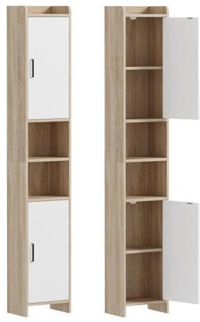 Homullel 30 cm Breit Badezimmerschrank 170 cm Hoch Schmal Hochschrank für Bad, Schmaler Badschrank Küchenschrank Buffetschrank für Küche, Badezimmer (Weiß+Ahorn, 170 cm)