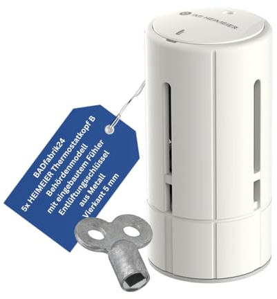 BADfabrik24 Thermostat-Kopf B Behördenmodell mit eingebautem Fühler – 5er Set + Entlüftungsschlüssel 5 mm Vierkant Metall – präzise Heizkörper-Regelung, einfache Montage
