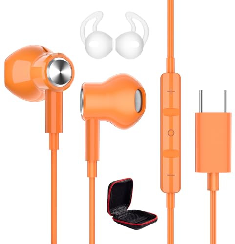 Écouteurs USB C Magnétique Casque pour Samsung A17/A16/A56/A57/S26 Orange | HiFi Stéréo Type C Ecouteur Filaire Casques avec Micro pour iPhone 17 16e pour Pixel 10a 9a 11 pour Redmi Note 15/POCO X8 Pro
