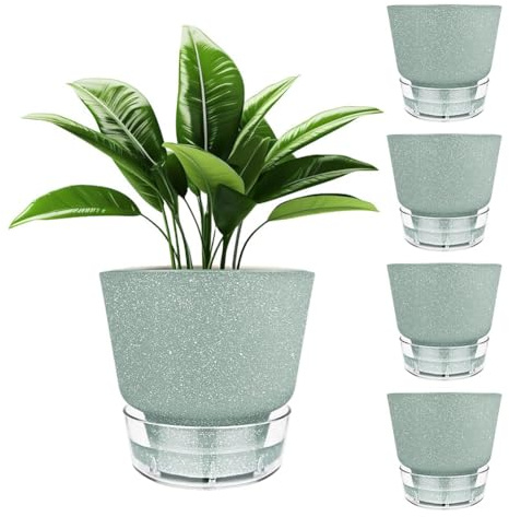 Koolenry Ensemble de 5 Pots de Plante D'Auto-Arrosage Verts avec Trous de Drainage et Réservoir Visuel, 6 Pouces, Parfait pour L'Intérieur et L'Extérieur