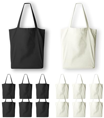 12PCS Plain Canvas Tote Bags Premium Cotton Tote Bag (6 Beige + 6 Black) Canvas Tote Reusable Shopping Bags 100% Cotton - Bulk Eco-Friendly Shopping Ideal for Printing and Embroidery in Multi-Colours