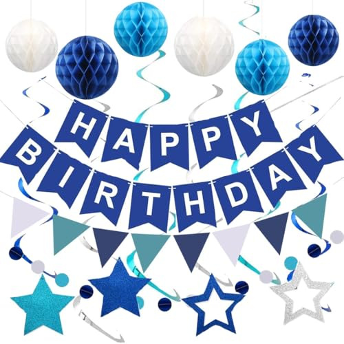 Happy Birthday Deko Set Blau, Geburtstagsgirlande mit Wabenball, Sterne Hängedeko, Wimpelkette und Girlande, Partydeko Geburtstag für Jungen Mädchen Männer Frauen, Wiederverwendbare Geburtstagsdeko