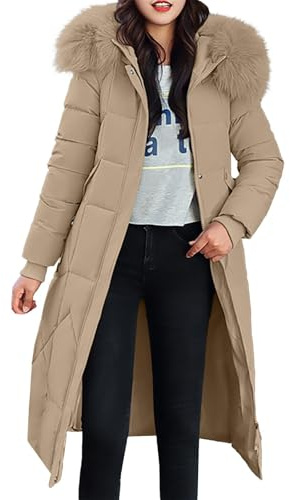 Generisk vinterjacka damer vinter varm quiltad jacka vinterrock lång dunjacka parkas jacka ytterkläder kvinnor dunrock med huva quiltad kappa enfärgad vinterparkas med dragkedja och ficka, kaki, M