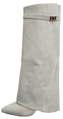 Generisch Bottes hautes pour femme Shark Boots Slouchy - Bout pointu - Talon plateforme - Tige longue au genou - En cuir chaud - Confortable - Bottes habillées médiévales, Blanc., 43 EU