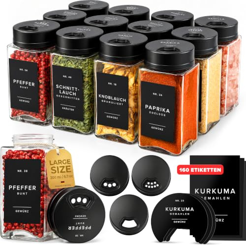EDELHAUS Gewürzgläser Eckig 12 x 200 ml Verstellbarerem Deckel Schwarz | 200 ml XL rund mit Streudeckel - 160 Etiketten Schwarz - Gewürzdosen, Gewürz Organizer Schublade, Trichter & Bürste