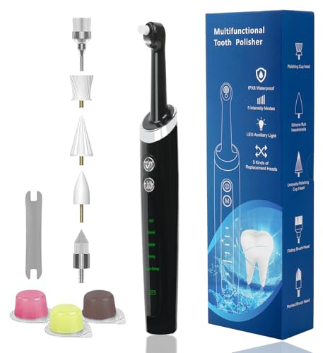 Lucidatore dentale, kit ricaricabile per la pulizia e lo sbiancamento dei denti, lucidatore dentale elettrico con 3 paste lucidanti, 5 testine, 5 modalità di velocità, luce LED