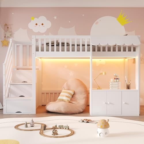 Letto a soppalco per Bambini 90x200cm con Striscia Luminosa a LED, Scaletta Contenitore, piccolo mobiletto, Design a Gronda, Rete a doghe, Struttura letto in Legno per Ragazzi (Senza Materasso)Bianco