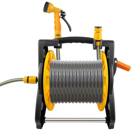 Garden Hose Reel 30M Hose Free Standing Garden Hose Holder Complete with 7 Adjustable Modes Spray Gun, Direct Spray Gun and Fittings, Robust Frame for Stability, Compact Hose Reel Flexibility Use