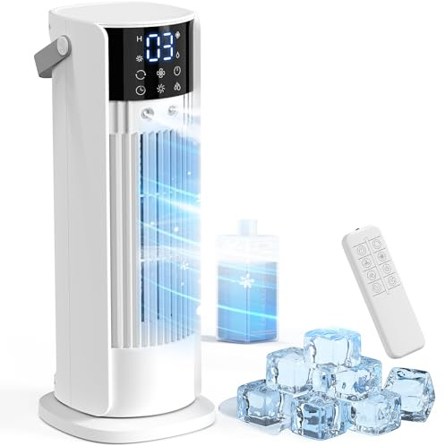 Portable Air Cooler, Evaporative Personal Cooling Fan with Large Ice/Water Tank, Dual Mist Nozzles, 4 Adjustable Speeds & 90° Oscillation, Quiet Remote Control Fan for Home Office Bedroom