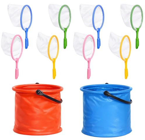 Fishing and Butterfly Nets with 2 Water Buckets Set, 10 Piece Outdoor Activity Equipment, Pond and Beach Fishing Nets, 23 cm Fish Catcher Butterfly Nets for Water Play