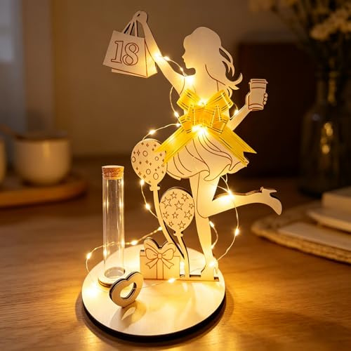 CHENBOOW Regalo de Dinero para 18 Cumpleaños,Regalos para 18 Cumpleaños,Cumpleaños Mujer Regalos,Cartel de Madera,Libro de Visitas,con Cadena de Luces LED,Decoración de Madera