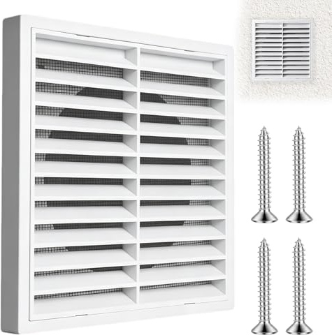 100mm White Louvred Wall Vent Grille Air Vent Cover, 140×140mm Louvred Wall | Louvred Walls PP Plastic with Flyscreen for Tumble Dryer Extractor Fan Garage, Bathroom Kitchen Exterior Walls Attic