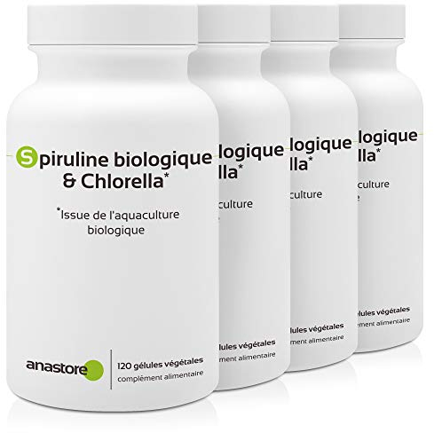 Bio-Spirulina & Chloella * Pack 3 + 1 gratis * 400 mg / 480 Kapseln * aus der biologischen Aquakultur * Herz-Kreislauf, Mängel, Energie, Immunität, Gewicht (Diuretikum, Schlankheits)