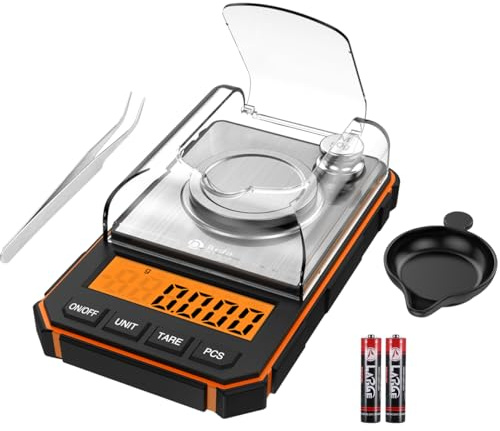 Brifit Balance de précision 0,001 g, 50 g/0,001 g, balance numérique milligramme, balance de précision, avec écran LCD, poids d'étalonnage et pincettes, pour poêles berceuses (orange)
