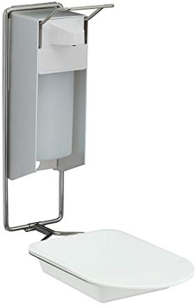 Relaxdays Eurospender 500 ml, Tropfschale, Armhebel, für Desinfektionsmittel & Seife, Aluspender Wandbefestigung, silber, 1 Stück