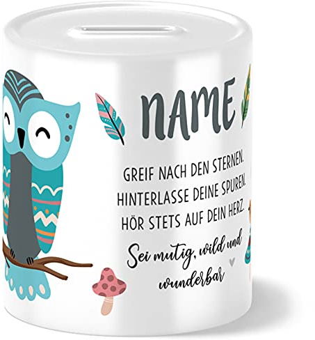 OWLBOOK® Kinder Spardose Eule | personalisierte Geschenke Konfirmation Jugendweihe Kommunion Firmung Einschulung Geburt Baby Kind | Geburtstagsgeschenke Kinder | Keramik