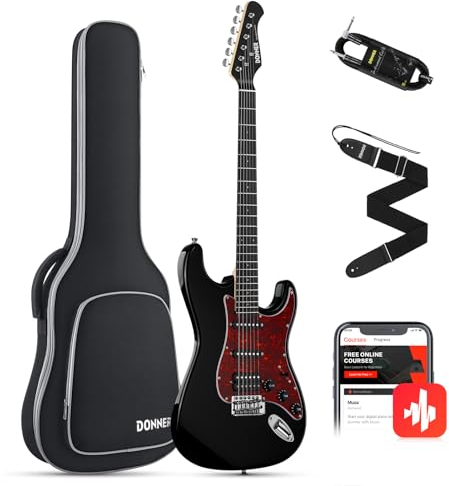 Donner E-Gitarren Set Full Size, HSS Spule Geteilte Pickups, 39 Zoll Solid Body ST Gitarre Anfänger Set mit Tasche, Gurt, Kabel (Designer Series, Ritter-Schwarz)