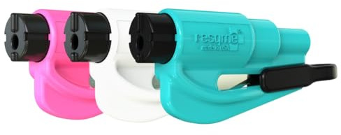RESQME La Herramienta Original para Llavero de Escape de Emergencia de automóvil, Cortador de cinturón 2 en 1 y rompevidrios, Fabricado en EE. UU., Paquete de 3, Rosa, Blanco, Verde Azulado