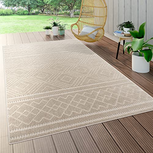 Paco Home Outdoor Teppich Wetterfest Wohnzimmer Balkon Küche Orientalisch Ornament Skandinavisch Geometrisches Muster 3D Effekt Modern, Grösse:200 cm Rund, Farbe:Beige 4