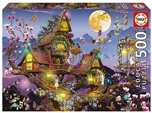 Educa - Maison de Fée Puzzle 500 pièces | Cottage Fées Forêt Enchantée Lune Fantaisie Art | 48 x 34 cm | Dès 11 Ans (19554)