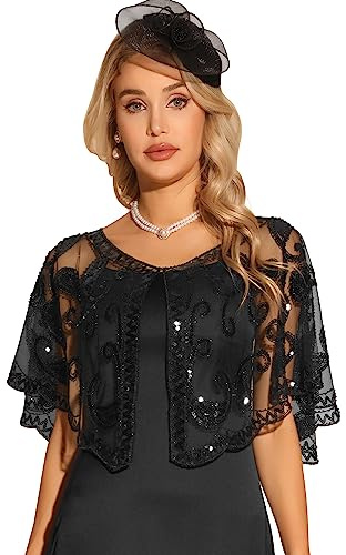 Allegra K Women's 1920s Shawl Wraps Sequin Beaded Bridal Cover Up Evening Cape Flapper Bolero Medium Black