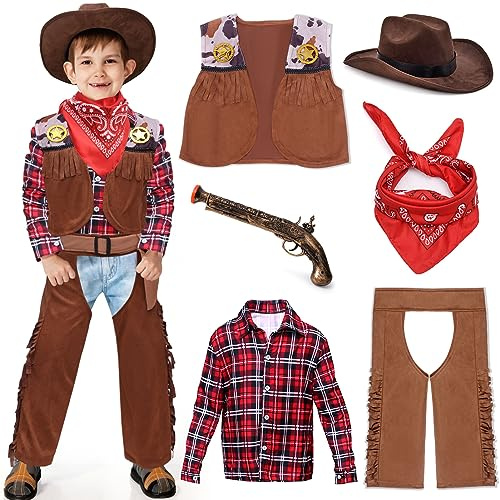 vamei Cowboy Kostüm Kinder Western Cowboy Zubehör Kinder mit Cowboy Weste Cowboy Hut Kinder Halstuch für Karneval Cosplay Halloween Kinder 3 4 5 6 7 8 9 10 11 12 Jahre