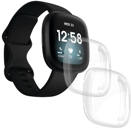 iDaPro [2 Pcs] Case for Fitbit Versa 3 / Sense Screen Protector Full Coverage Protective Bumper Soft TPU Cover Accessories - [Clear+Clear]