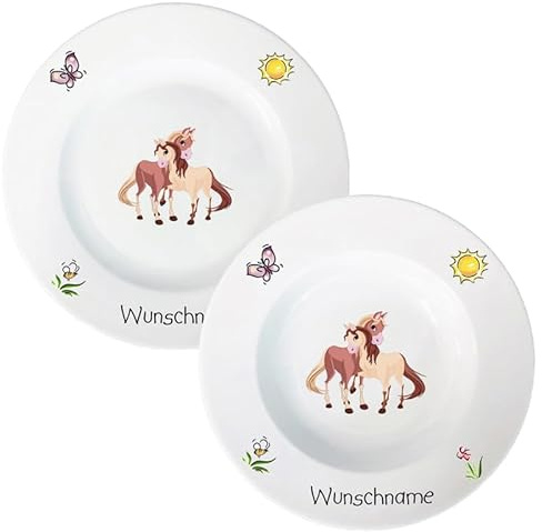 Kindergeschirr Pferde 2 Speiseservice 2-tlg. Suppenteller und Speiseteller Kinder Service Set aus Porzellan personalisierbar mit Wunschname Name Kindergeschirr mit Namen personalisiert