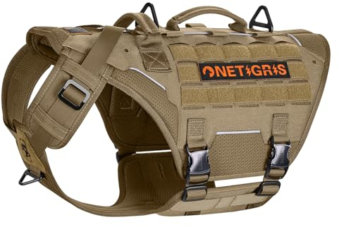 OneTigris Hundegeschirr, Torpedo Taktisches Geschirr mit 4 Metallschnallen 3 Metall-D-Ringen 2 Griffe und Reflexstreifen No-Pull Einstellbar Sicherheitsgeschirr für Große/Mittlere Hunde - Braun L