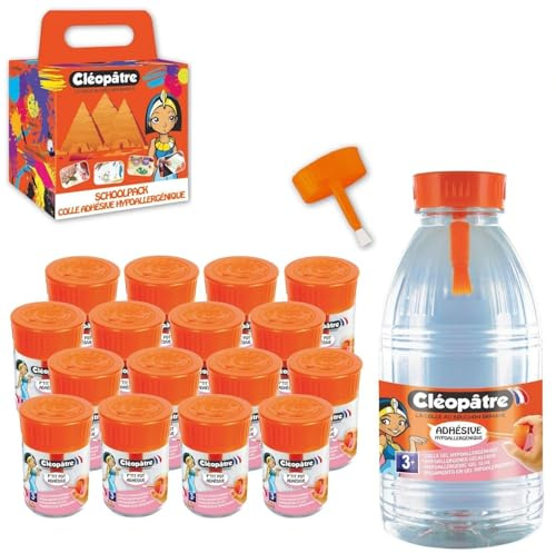 CLEOPATRE – Schoolpack Colle Transparente Hypoallergénique – 16 P’tits Pot avec Pinceau Intégré 50g + Recharge 500g - Rentrée Des Classes