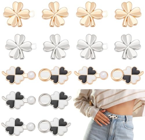 WEBEEDY 8 Sets Jeans-Knopf-Taillenspanner Abnehmbare Jeans-Knopfspanner Hosenclips Kein Nähen Knopfanpassung Sofortige Knopfnadeln Für Hosen Lockere Jeans Vierblättriges Kleeblatt Und Herz