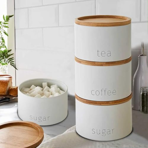 SAFRI 3 Pieces Jar with Wooden Lid Tea Coffee Sugar Canister Storage Container Bowl Pots Kitchen Storage Tins (White)