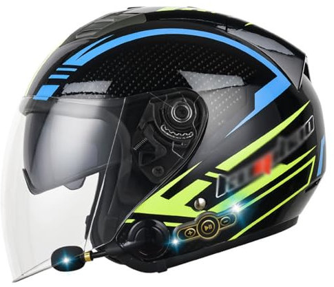 Motorradhelm Halbschalenhelm Bluetooth Jet-Helm,Deutscher Stil Roller Cruiser Anti-Collision Helm Mit Visier Offener Helm Sturzhelm ECE Zertifiziert Für Damen Und Herren 1,XL:61-62CM