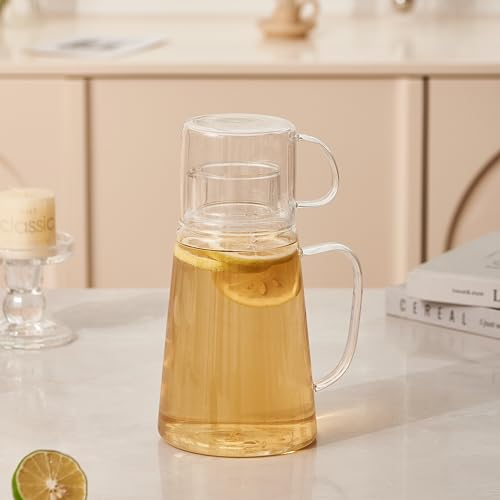 Eden & Willow Borosilicate Glass Water Jug and Cup Set with Lid - 1.2L Pitcher with Handle | Glass Carafe for Fridge, & Bedroom | Suitable for Serving Hot & Cold Beverages