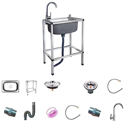 Küchenspüle aus Edelstahl, freistehendes Spülbecken, Haushaltsspüle, mit Spüle, Ständer, Warm- und Kaltwasserhahn, robust und langlebig, geeignet für Hotel, Küche, Garten, Werkstatt, Außenbereich