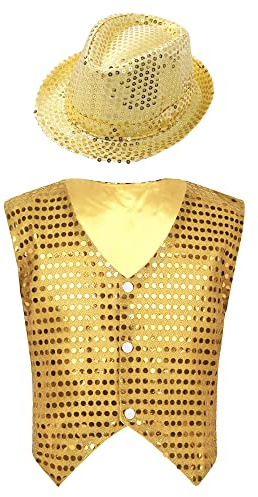 TTAO Enfant Garçon Gilet A Paillettes avec Chapeau Haut Top de Danse pour Disco Jazz Chemise Veston Soirée Bal Mariage Cérémonie Brillant Costume Performance Carnaval 3-15 Ans Or E 5-6 ans