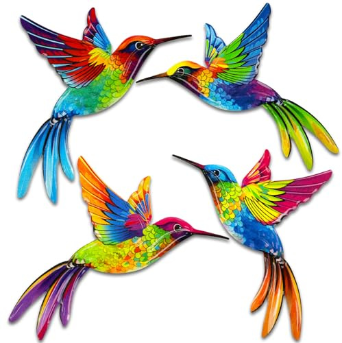 4 Stück Metall-Kolibri-Wandkunst für den Außenbereich, Giyiprpi 3D-farbige Wandkunst, Zaunverzierungen für Terrasse und Garten, Wandskulptur zum Aufhängen für Garten, Wohnzimmer und Balkon