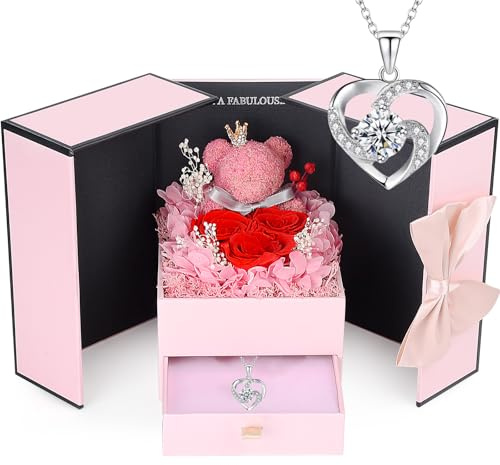ELEUTH Rose Moosbär Geschenke für Mama,Echte Ewige Rose Geschenkbox mit Halskette,Konservierte Rose Blumen Box Muttertagsgeschenk fur Mama Frauen Ehefrau Freundin Oma Valentinstag Jahrestag Weihnachte