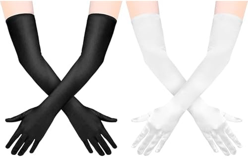 AYNKH Long Gloves, Satin Gloves, Women's Stretchy Elbow Finger Gloves Dress Gloves for Ladies Bridal Wedding Opera Dance Perform Halloween Party 1920's Costume Evening