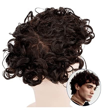 Herren-Toupet 25 mm lockiges Haarteil, feine Mono-Männerhaarprothese, Herren-Toupet #2, indisches Echthaar-Ersatzsystem, 7 Zoll, Remy-Haar, männliche lockige Perücke Perücken Toupet Haare(25mm curly 1