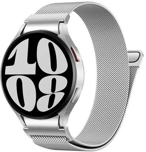 PIOWNN Metall Armband Kompatibel mit Samsung Galaxy Watch 7 6 5 4 Armband | Ein-Klick-Verbindung Loop Magnetisches Band, Starker Magnet‑Verschluss, für Galaxy 6 Classic/5 Pro/4 Classic/FE, Silber