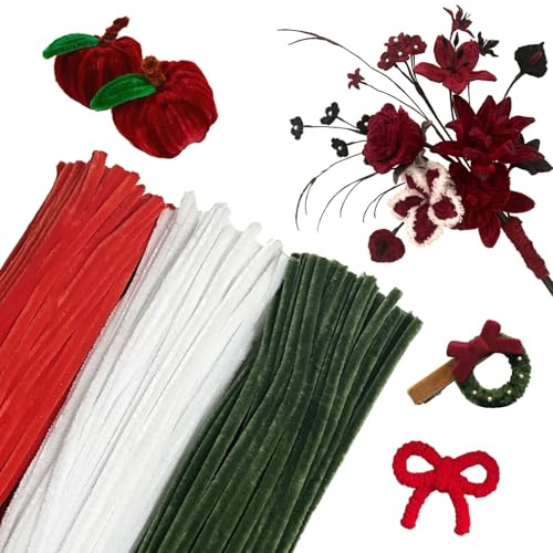Pfeifenreiniger 300 Stück, 3 Farben 30CM, Pfeifenputzer zum Basteln für DIY | YUJINGTING, Grün Weiß Rot, Pipe Cleaner Flower Set, Basteln Blumen, Chenilledraht, für Kreative Projekte und Basteldeko