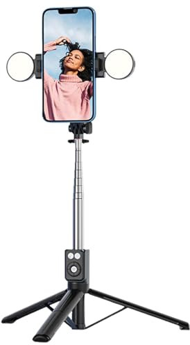 Perche à selfie avec lumière de remplissage – Trépied pour smartphone, long trépied extensible avec télécommande et lumière pour les selfies de groupe