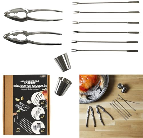 WDMT Lot de 10 couverts pour fruits de mer en acier inoxydable - Avec collation crabe, fourchettes et coupelles à sauce - Parfait pour homards - Argenté