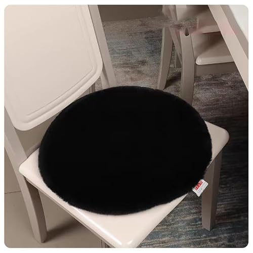 Rockreyoa Kunstfell Sitzauflage Fellimitat-Stuhlplatte Faux Kissen Stuhl-Sitzkissen Kunstfell Sitzkissen Quadratisch Stuhlauflage Rutschfestes Warm Sitzpolster Stuhl Dekokissen Schwarz(Rund) 45*45cm