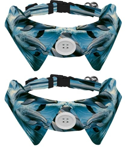 2 Pack Bowtie Dog Collar with Bell, Detachable and Adjustable Bow Tie Collar for Small Pet, Dolphins Jumping Sea